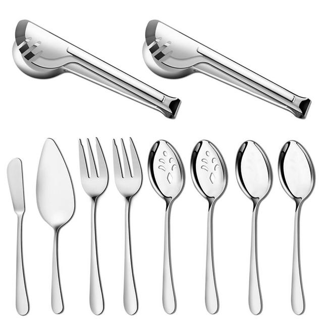 10 PCS Serving Utensils, Pleafind Stainless Steel Serving Utensils Set with Serving Spoons, Slotted Spoons, Serving Forks, Serving Tongs, Pie Server and Butter Knife for Parties Buffet Banquet