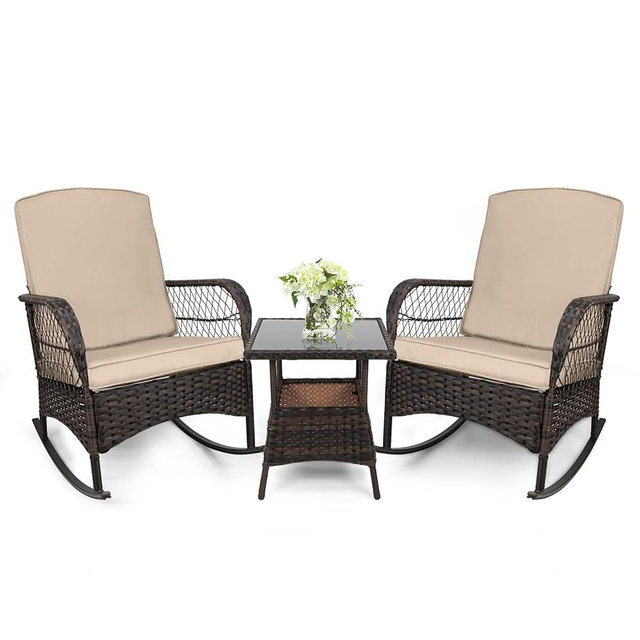 LEVELEVE 3 pcs Rocking Bistro Set Conversation Chairs PE Wicker Outdoor Rocking Chairs & Glass Table,for Porch Lawn Garden Backyard Deck(Rocking Set,Khaki)