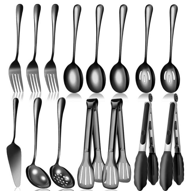 Black Stainless Steel Serving Utensils Set, Large Metal Serving Spoons, Slotted Spoons, Forks, Tongs, Soup Spoons, Skimmer Spoon, Cake Server for Partie, Buffet, Catering, Entertaining 15pcs