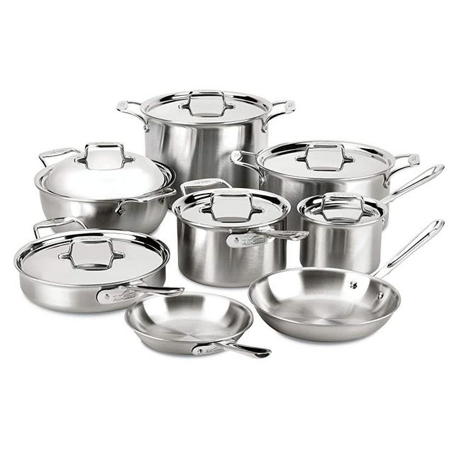 All-Clad BD005714 D5 Brushed 18/10 Stainless Steel 5-Ply Bonded Dishwasher Safe Cookware Set, 14-Piece, Silver