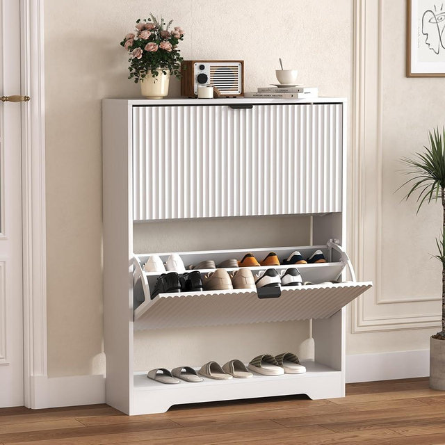 HUANLEGO Shoe Cabinet Storage for Entryway with 2 Flip Drawers, White Fluted Shoe Cabinet with Open Storage, Wooden Hidden Shoe Rack Freestanding Narrow Slim Shoes Organizer for Hallway, Entrance