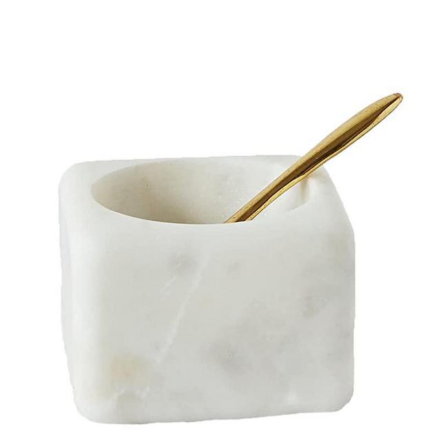 Creative Co-Op Square White Marble Bowl with Brass Spoon