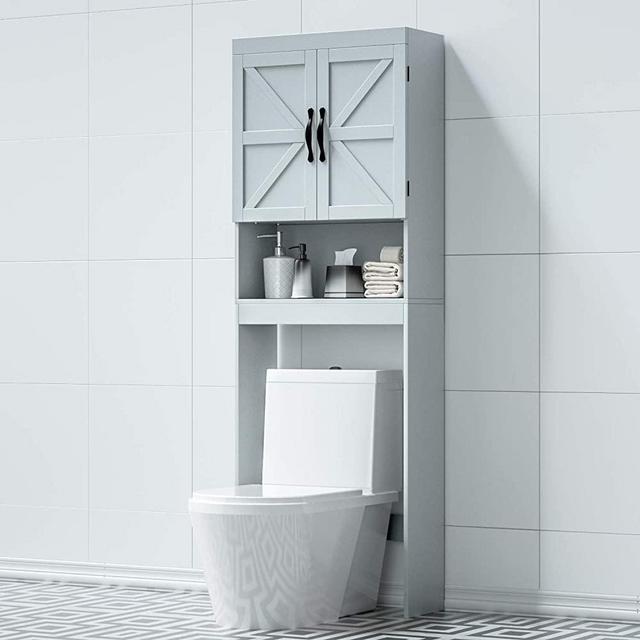 SRIWATANA Over-The-Toilet Storage Cabinet, Bathroom Spacesaver with Adjustable Shelf, 2-Door Toilet Storage Rack, Gray