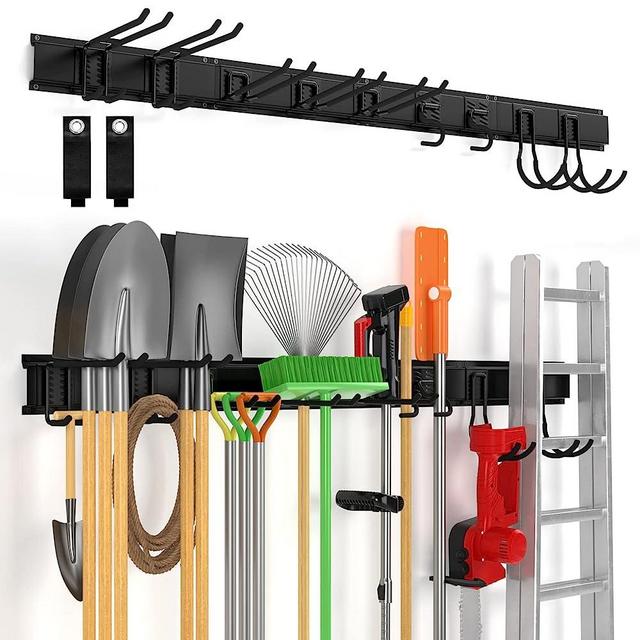 Ailadl Wall Mount Tool Storage Rack, 15 PCS Heavy Duty Steel Yard Garden Tool Organizer, Garage Tool Organizer Wall Mounted Storage System with 9 Removal Hooks and 2 Extension Cord, Hold Up to 550lbs