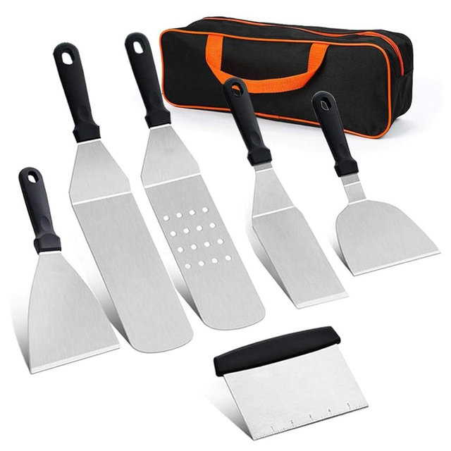 Walbest Griddle Accessories Kit, 6Pcs BBQ Tool Set Stainless Steel Griddle Accessories Kit Multi-Purpose Grill Spatula Outdoor Grilling Camping Cooking Utensils for BBQ Enthusiasts Black