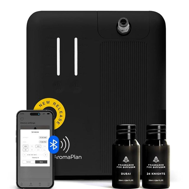 AromaPlan 2025 Waterless HVAC Scent Diffuser Whole House & Commercial Diffuser, 2 Fragrances Included-Smart, Cold-Air Waterless Scent Air- App Control, Bluetooth, AC, 2000 Sq. Ft Coverage,Black