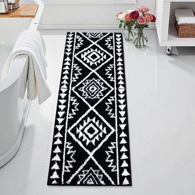 Uphome Black Long Bathroom Rug Boho Tribal Bathroom Runner Western Non-Slip Washable Bath Mat Fluffy Soft Absorbent Farmhouse Aztec Floor Carpet for Kitchen Hallway Bedroom, 20x60 inch