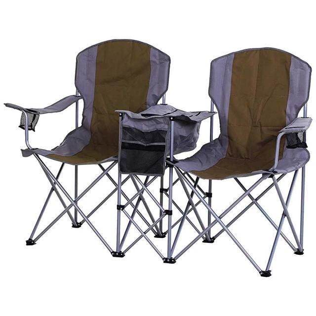 Outsunny 2-Person Folding Oxford Metal Portable Camping Chair with Center Ice Bag & Included Magazine Sleeve, Green