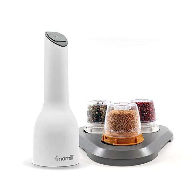 FinaMill - Award Winning Battery Operated Spice Grinder Gift Pack - includes 3 Quick - Change Spice Pods and 1 Stackable Tray - Perfect Gift for any Home Chef _White