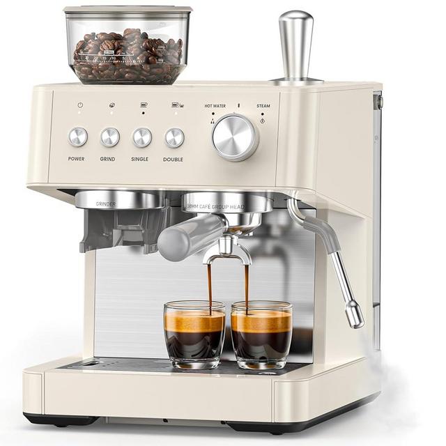 (2026 Upgrade) 15 Bar Espresso Machine with Built-in Anti-Clog Coffee Grinder, Expresso Coffee Machines with Milk Steam Wand/Frother/Tamping Tools,Espresso Maker with Grinder for Lattes-Almond
