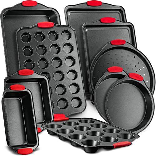 Nutrichef NCSBS10S 10-Piece Carbon Steel Nonstick Bakeware Baking Tray Set w/Heat Red Silicone Handles, Oven Safe Up to 450°F, Cookie Sheet