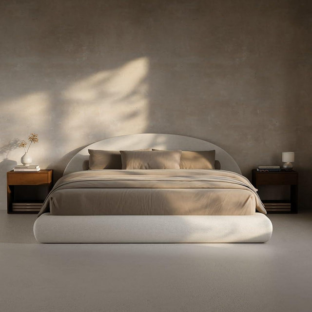 RECCI AirFrame Half-Moon Upholstered King Platform Bed Frame, Velvet Curved Arched Base with Headboard, 5 Inch Fully Round Cushioned Foam, No Box Spring Needed, Easy Assembly | Round Shaped, Boucle, Low-profile, Soft