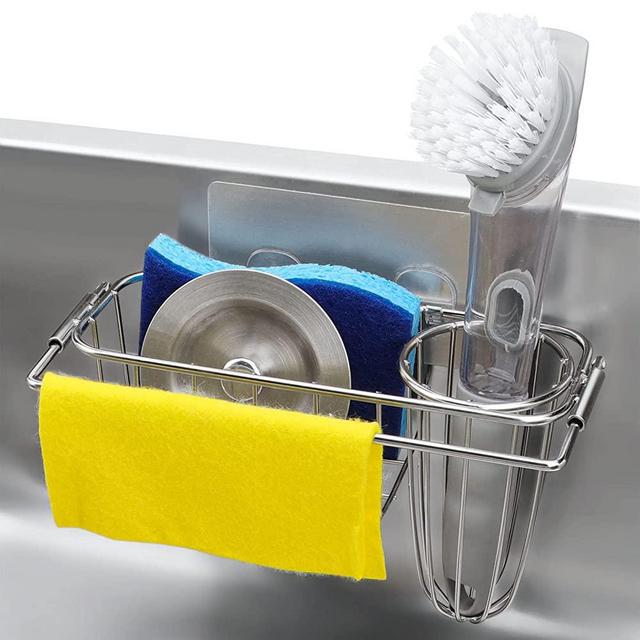 HULISEN Sponge Holder + Dish Brush Holder + Cloth Hanger, 4-in-1 Kitchen Sink Caddy, 18/8 Stainless Steel Rust Proof Water Proof, Adhesive Installation No Drilling [Not Including Sponge and Brush]