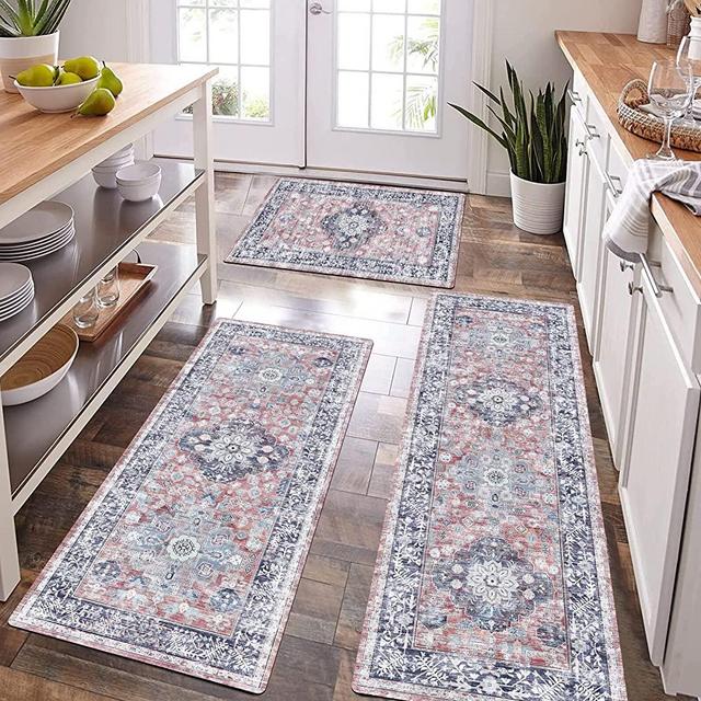 Pauwer Boho Kitchen Rugs Sets of 3 Non Slip Rubber Kitchen Mats for Floor Waterproof Kitchen Rugs and Mats Washable Farmhouse Kitchen Area Rug Floor Carpet Runner Rugs for Hallway Laundry Room