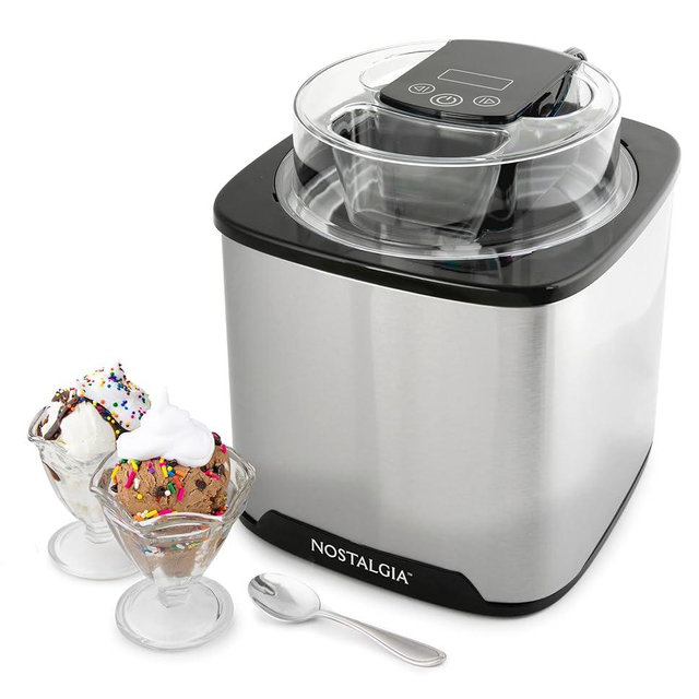 Nostalgia 2-Quart Electric Ice Cream Maker – Make Homemade Ice Cream, Gelato, Sorbet & Frozen Yogurt – No Salt/Ice Needed, Digital Controls, Mix-In Chute & Freezing Gel Canister – Stainless Steel