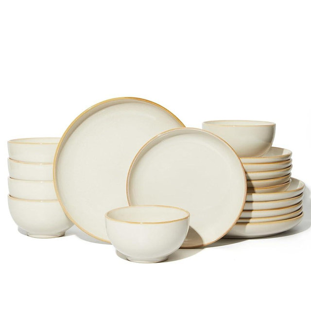 Pokini Stoneware Dinnerware Sets for 6, 18 Piece Microwave Safe Plate and Bowl Set, Easy to Clean & Durable Dishes Sets for Small to Medium Families, Yellow White