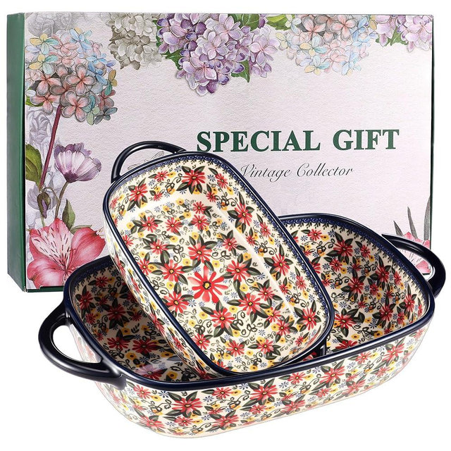 Polish Pottery Style Ceramic Baking Dish Set of 2 – Decorative Casserole Dishes with Handles, Cute Oven-Safe Lasagna Bakeware Gift Set