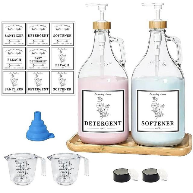 LIKAJON Glass Laundry Detergent Dispenser, Liquid Laundry Soap Dispenser for Laundry Room, 64oz Detergent Bleach Softener Dispenser for Farmhouse Decor, Includes Bamboo Pumps and Tray, Funnel, Labels