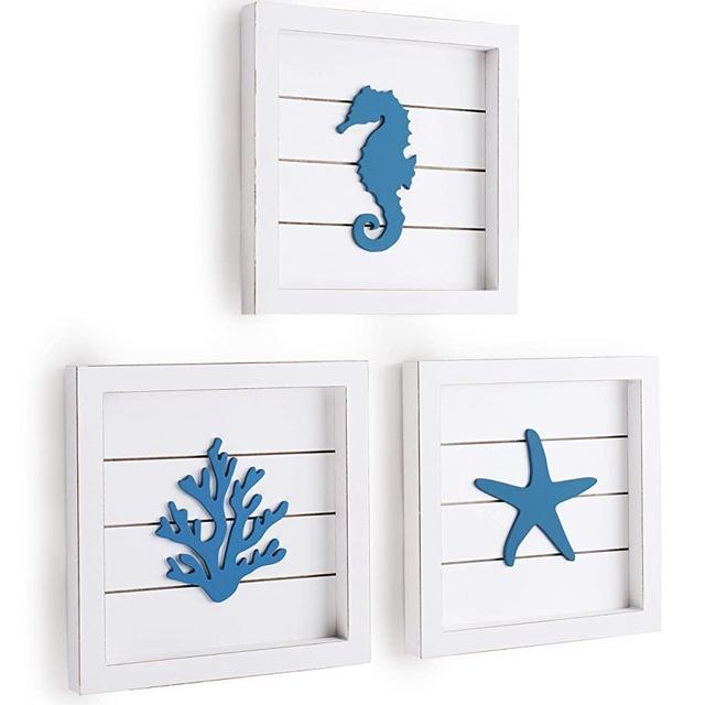 TideAndTales Beach Wall Decor Sea Life Framed Wooden Set with 3D Starfish Seahorse and Coral, Ocean Theme Marine Coastal Decor, Rustic Cottage Beach Bathroom Decor, Beach Decorations for Home
