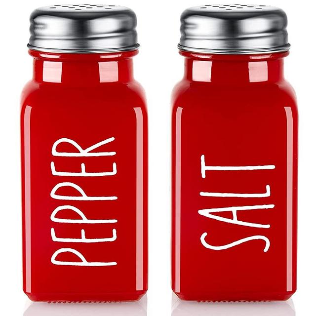 Red Salt and Pepper Shakers Set - Bivvclaz 2.7 oz Farmhouse Salt Shaker, Red Kitchen Decor and Accessories for Home Restaurants Wedding, Salt Dispenser with Stainless Steel Lid