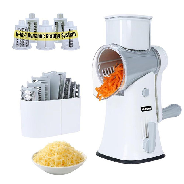 iezzei Rotary Cheese Grater - Vegetable Slicer - Cutter with 5 Stainless Steel Blades, Nut Grinder, Carrot Shredder, Fruit Slicer, Potato Crinkle Cutter - Secure, Large & Safe Suction Base