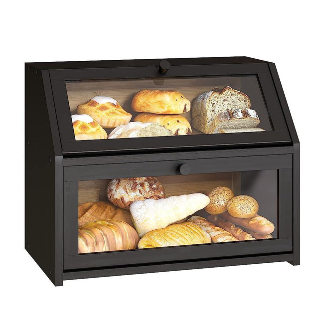 Bread Storage Farmhouse Bread Box For Kitchen Countertop Bread Container With Clear Window Breadbox Double Layer Bamboo Wooden Extra Large Capacity Bin Kitchen Food Storage Container(Black)Self-Assembly