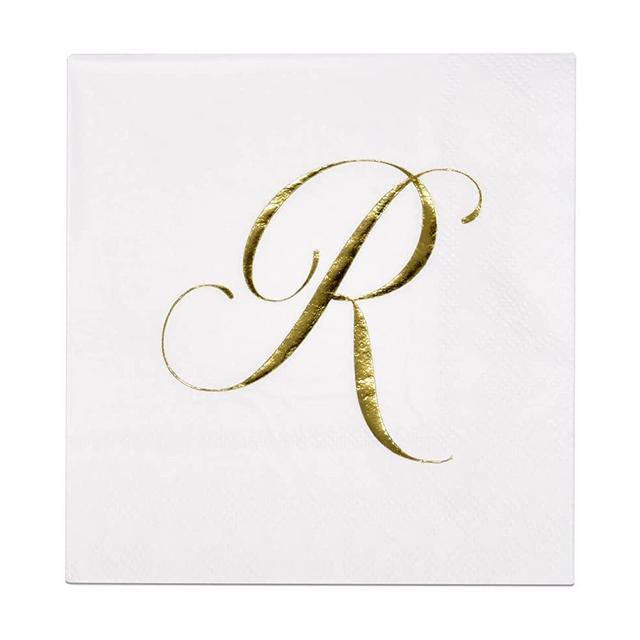 100 Gold Monogram Cocktail Napkins Letter R Disposable Paper Pack Elegant Metallic Golden Foil Hand Napkin for Powder Room Wedding Holiday Birthday Party Baby Shower Decorative Towels