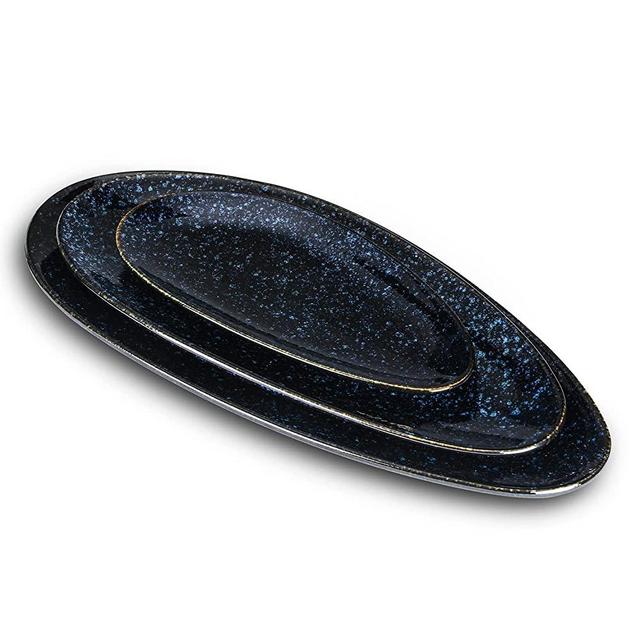 VICRAYS Large Oval Serving Platters, 16"/14"/10" Porcelain Serving Platters for Party, BBQ,Stackable Serving Trays Serving Plates for Appetizers, Sushi, Restaurant, Dessert Shop, Set of 3 (Blue)