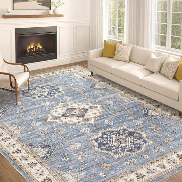 EIEIHOUSE Washable Area Rugs for Living Room -10x12 Neutral Vintage Distressed Floral Farmhouse Boho Large Soft Floor Rug Indoor Non Slip Carpet for Living Room Bedroom Dining Room Office - Blue