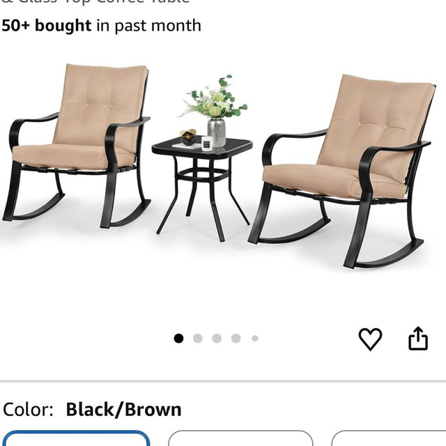 SOLAURA 3-Piece Outdoor Rocking Chairs Bistro Set, Black Iron Patio Furniture with Brown Thickened Cushion & Glass-Top Coffee Table