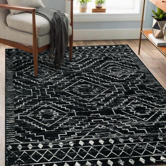Wonnitar Moroccan Washable Rug 4x6, Black Boho Living Room Area Rug, Non-Slip Farmhouse Bedroom Carpet Dorm Room Throw Rug, Low Pile Soft Accent Mat for Kitchen Entry Office (Black,4'x6')