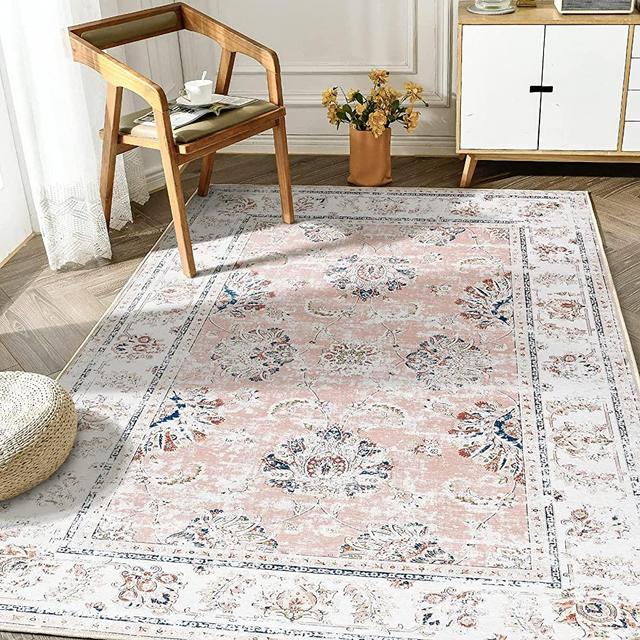 JINCHAN Area Rug 8x10 Persian Rug Pink Vintage Accent Rug Retro Floor Mat Chenille Soft Mat Floral Print Carpet Distressed Non Slip for Living Room Bedroom Dining Room