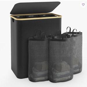 Hampers For Laundry Basket With Lid, 145L Extra Large 3 Section Clothes Divided Organizer For Bedroom, Laundry Room, Dirty Clothing Hamper, Black