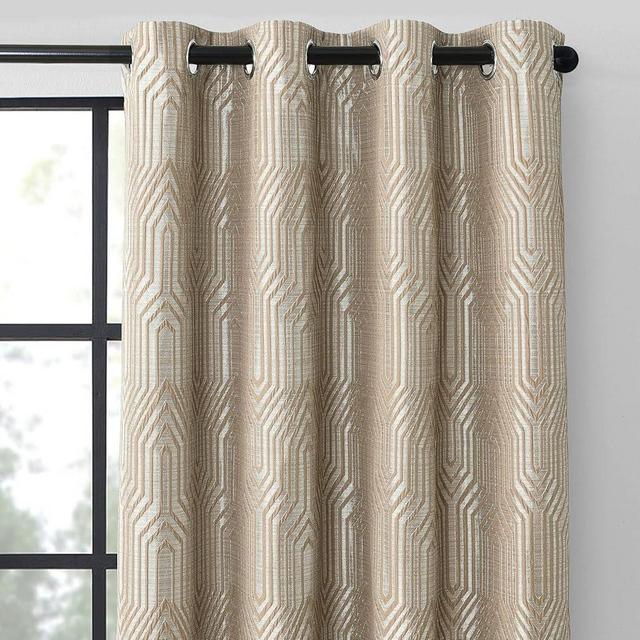 Light Brown and Silvery 100% Blackout Jacquard Geometric Pattern Curtains,42 Inch Wide 63 Inch Length 2 Panels, Thermal Insulated Noise Reducing Anti-Rust Grommet Drapes for Bedroom Living Room
