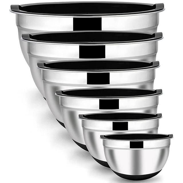 LIANYU Nesting Mixing Bowls Set of 6, Stainless Steel Mixing Bowl with Airtight Lids, Size 7, 3.5, 2.5, 2, 1.5, 1QT, Large Metal Bowls for Baking Cooking Food Storage, Non-slip Bottom, Black