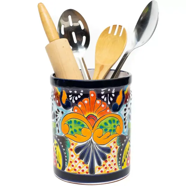 Talavera Pottery Ceramic Large Utensil Holder Utensil Crock Kitchen Organization Mexican Decor Flower Vase Spoon Rest Holder Multi Color