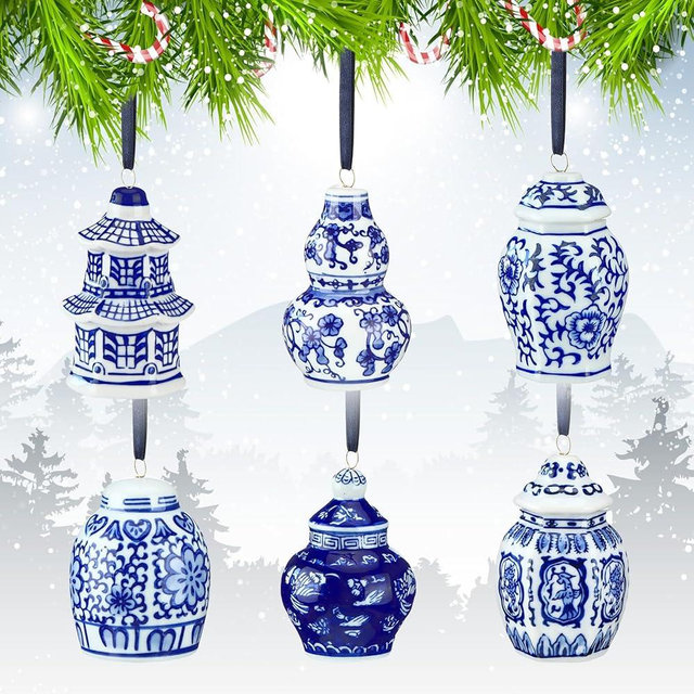 Set of 6 Blue and White Porcelain Ornaments Christmas Chinoiserie Ornament Mini Ginger Jar Hanging Ornaments Vintage Chinoiserie Decorations for Holiday Christmas Tree Decor