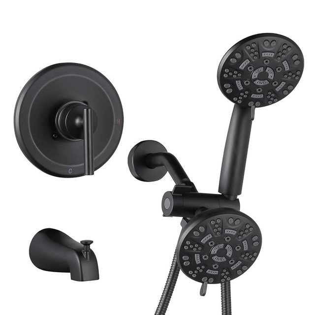 Shower Tub Faucet Head Set Black : WOWOW Black Shower Head and Handle Set with 7 Modes Handheld Shower Head with Hose and Tub Spout, Dual 2 In 1 Shower System Combo Single Handle (Brass Valve Include)