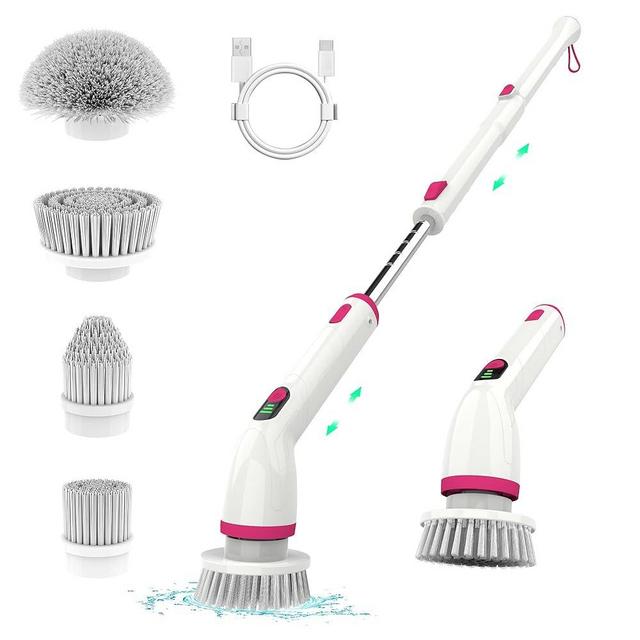 Keimi Pink Electric Spin Scrubber, 2024 New Full-Body IPX7 Waterproof Cordless Bathroom Scrubber with 4 Replaceable Heads, Adjustable Extension Handle, Shower Cleaning Brush for Bathtub, Tile, Floor