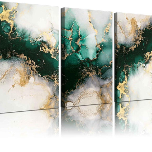 3 Piecs Emerald Green and Gold Canvas Wall Art Modern Abstract Glam Fluid Marble Painting Pictures Living room Wall Decor Posters Prints for Bedroom Bathroom Office Home Decoration