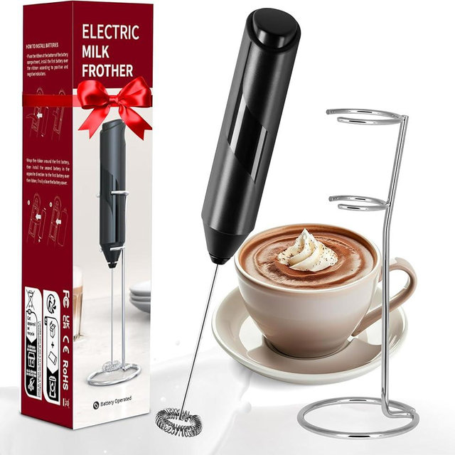 YSSOA Electric Milk Frother Handheld with Stainless Steel Stand Battery Operated Whisk Drink Mixer for Coffee, Frappe, Latte, Matcha, Hot Chocolate, Black (1 Pack, Black2)