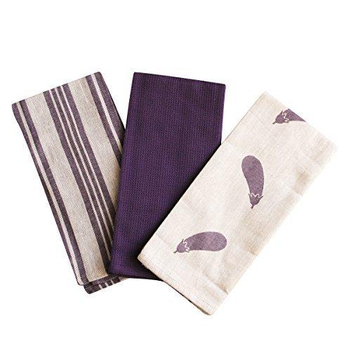 Kitchen Dish Towel by F.E.D, Extra Large Tea Towel in 3 Colours, 100% Professional Cotton, Machine Washable Fabric (Set/Pack of 3) (Purple Eggplant)