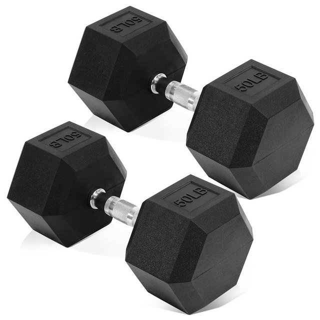 Fitvids Rubber Encased Hex Dumbbell, Hand Weights wth Anti-Slip Cast Iron Grip for Exercise & Fitness, 5-50 LBS Pair
