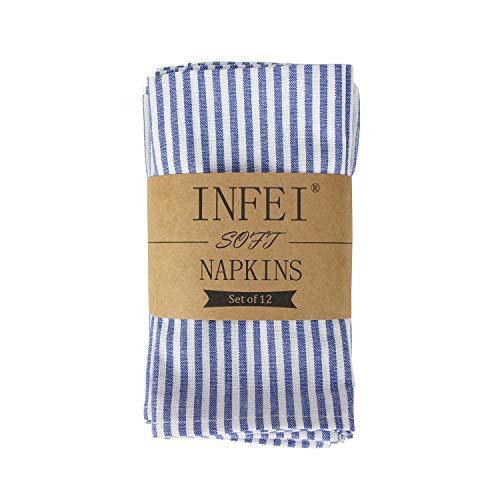 INFEI Soft Plain Striped Linen Cotton Dinner Cloth Napkins - Set of 12 (40 x 30 cm) - for Events & Home Use (Blue)