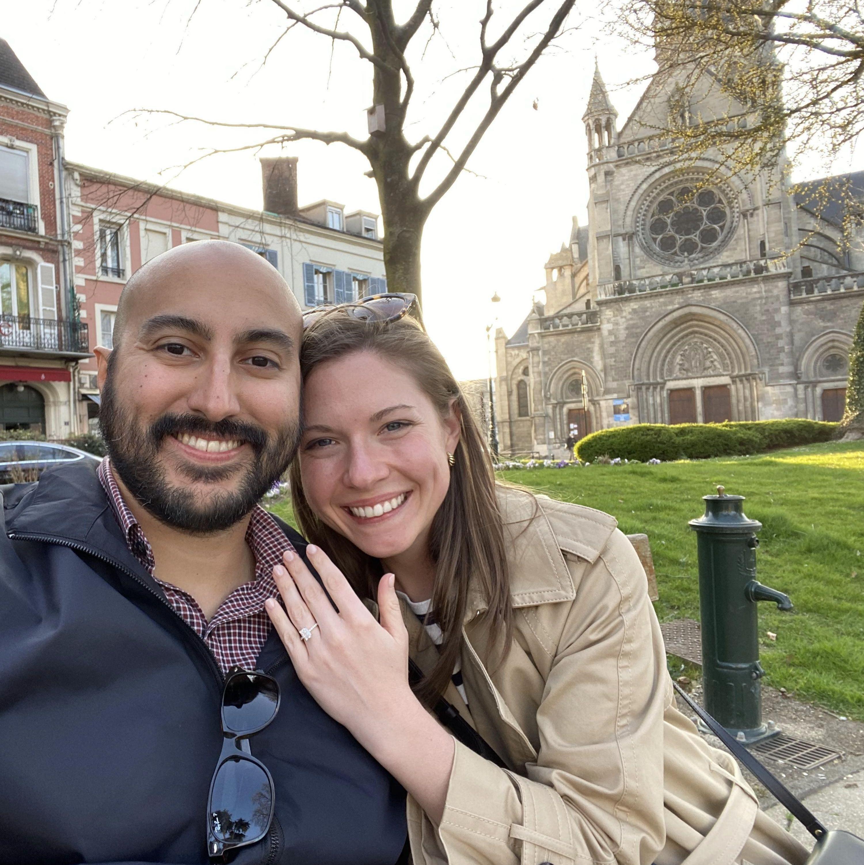 Emmanuel proposed in front of Église Notre-Dame in Epernay, France after a day of touring Champagne Houses.