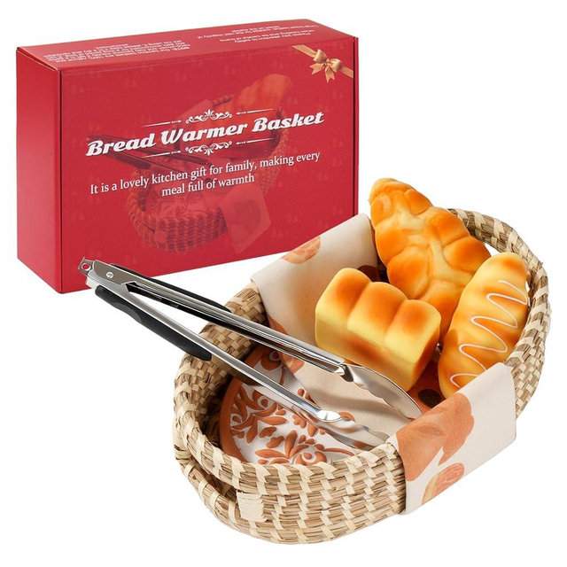 Bread Warming Basket With Stones - Includes Towel and Clips. Ideal Baker's and Housewarming Gift for Birthdays and Farmhouse Kitchen Hostess. (Floral Pattern)