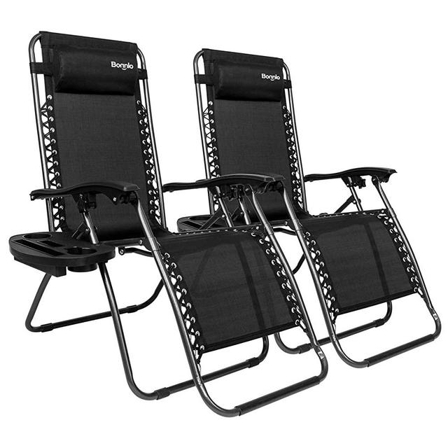 Bonnlo Infinity Zero Gravity Chair Pack 2, Outdoor Lounge Patio Chairs with Pillow and Utility Tray Adjustable Folding Recliner for Deck,Patio,Beach,Yard (Black)