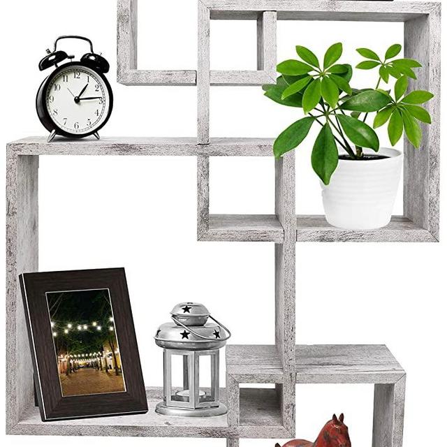 Greenco 4 Cube Intersecting Shelves, Easy-to-Assemble Floating Wall Mount Shelves for Bedrooms and Living Rooms, Rustic White Finish
