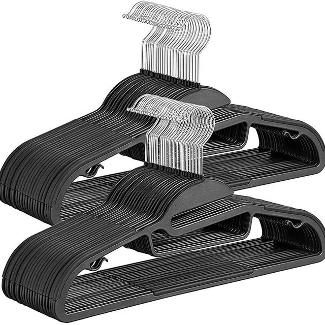 SONGMICS 50 Pack Coat Hangers, Premium Quality Plastic Suits Hangers, Heavy Duty, S-Shaped Opening, Non-Slip Durable, Thickness Space Saving, 360º Swivel Hook, 16.3 inch Wide, Black UCRP41BK-50