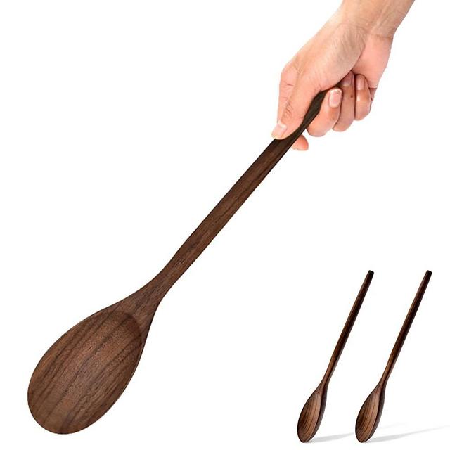 Wooden Cooking Spoons Set, 14 Inch Walnut Wood Mixing Spoon for Soup Stirring, Nonstick Serving Kitchen Utensil with Long Comfortable Grip Handle and Smooth Finish (2 Pieces)